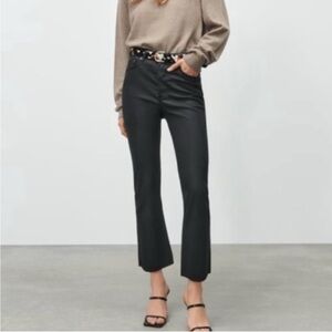Zara Dreed Flare Raw Hem Cropped Faux Leather Waxed Denim Jeans Size US 12